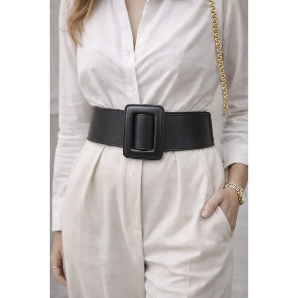 ZAPA Paris Wide Black Leather Waist Belt 100% Calfskin Size T1 Made in France